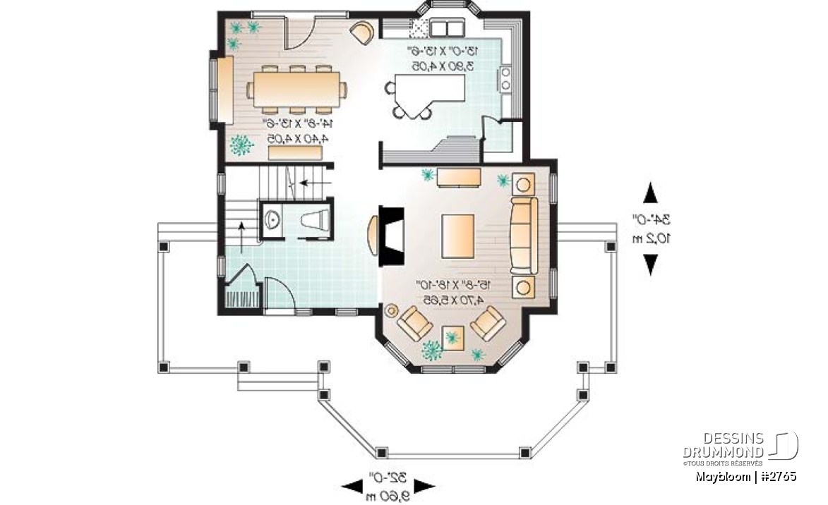 Rez-de-chaussée - Plan maison 3 chambres,  grande suite des maîtres, buanderie à l'étage, foyer, garde manger et îlot - Maybloom
