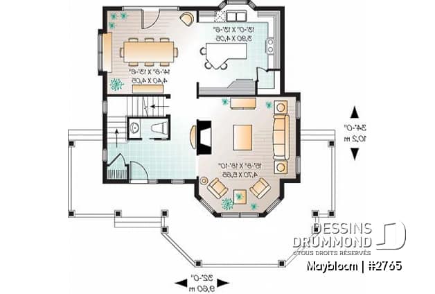 Rez-de-chaussée - Plan maison 3 chambres,  grande suite des maîtres, buanderie à l'étage, foyer, garde manger et îlot - Maybloom