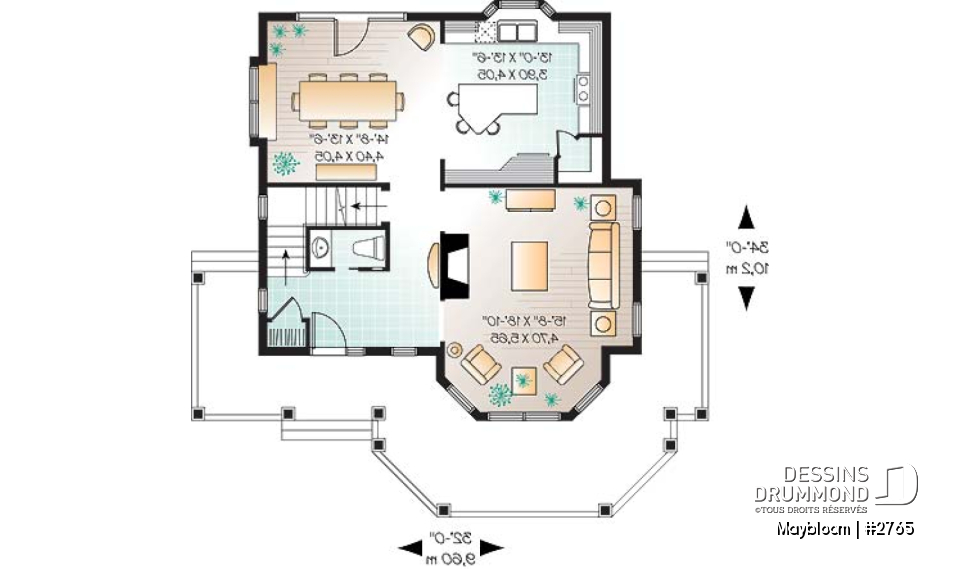 Rez-de-chaussée - Plan maison 3 chambres,  grande suite des maîtres, buanderie à l'étage, foyer, garde manger et îlot - Maybloom