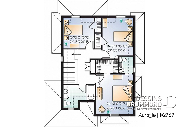 Étage - Plan de maison Tudor, 3 chambres, grand salon avec foyer, coin déjeuner, suite des maîtres à l'étage - Aurogle