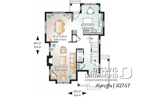 Rez-de-chaussée - Plan de maison Tudor, 3 chambres, grand salon avec foyer, coin déjeuner, suite des maîtres à l'étage - Aurogle
