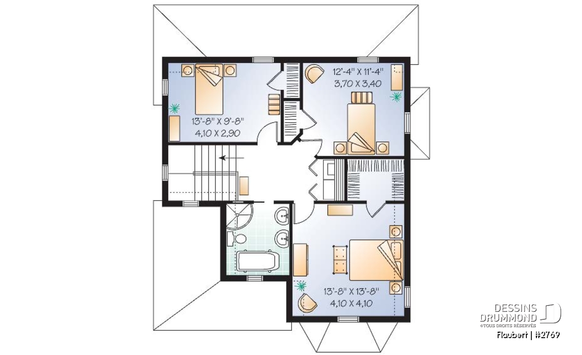 Étage - Plan de maison d'inspiration Tudor, 3 chambres, cuisine avec garde-manger, salle de lavage à l'étage - Flaubert