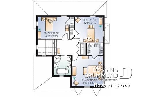 Étage - Plan de maison d'inspiration Tudor, 3 chambres, cuisine avec garde-manger, salle de lavage à l'étage - Flaubert