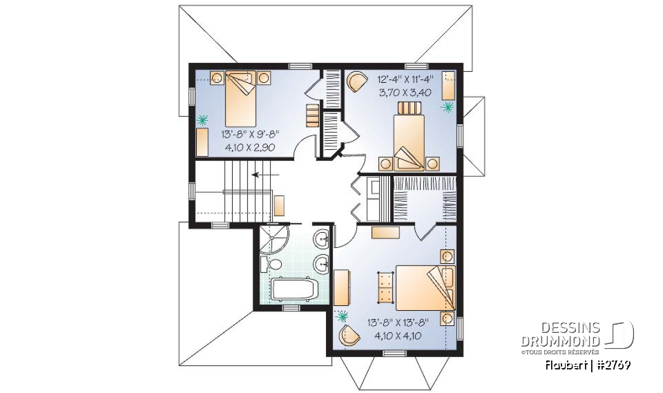 Étage - Plan de maison d'inspiration Tudor, 3 chambres, cuisine avec garde-manger, salle de lavage à l'étage - Flaubert
