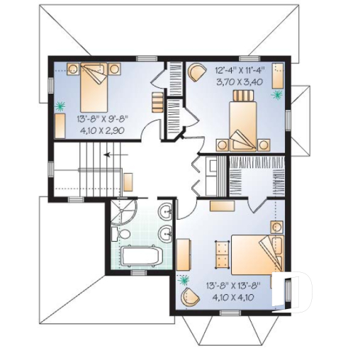 Étage - Plan de maison d'inspiration Tudor, 3 chambres, cuisine avec garde-manger, salle de lavage à l'étage - Flaubert