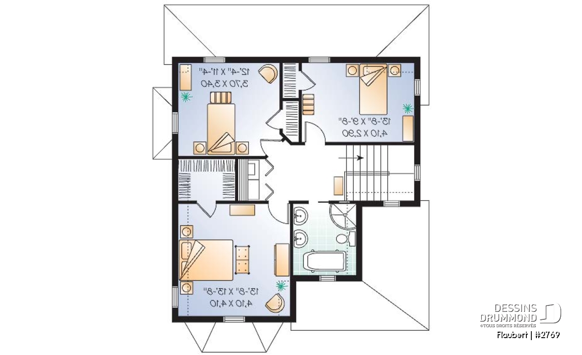 Étage - Plan de maison d'inspiration Tudor, 3 chambres, cuisine avec garde-manger, salle de lavage à l'étage - Flaubert