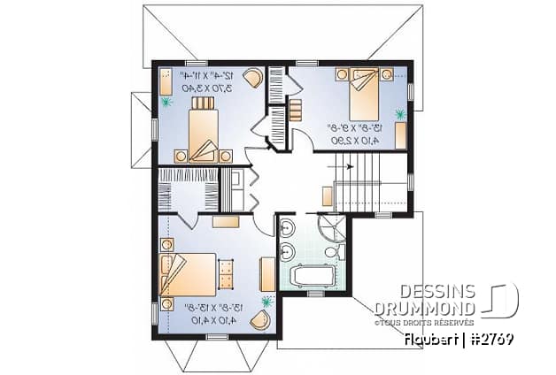 Étage - Plan de maison d'inspiration Tudor, 3 chambres, cuisine avec garde-manger, salle de lavage à l'étage - Flaubert