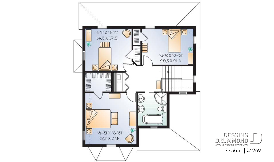 Étage - Plan de maison d'inspiration Tudor, 3 chambres, cuisine avec garde-manger, salle de lavage à l'étage - Flaubert