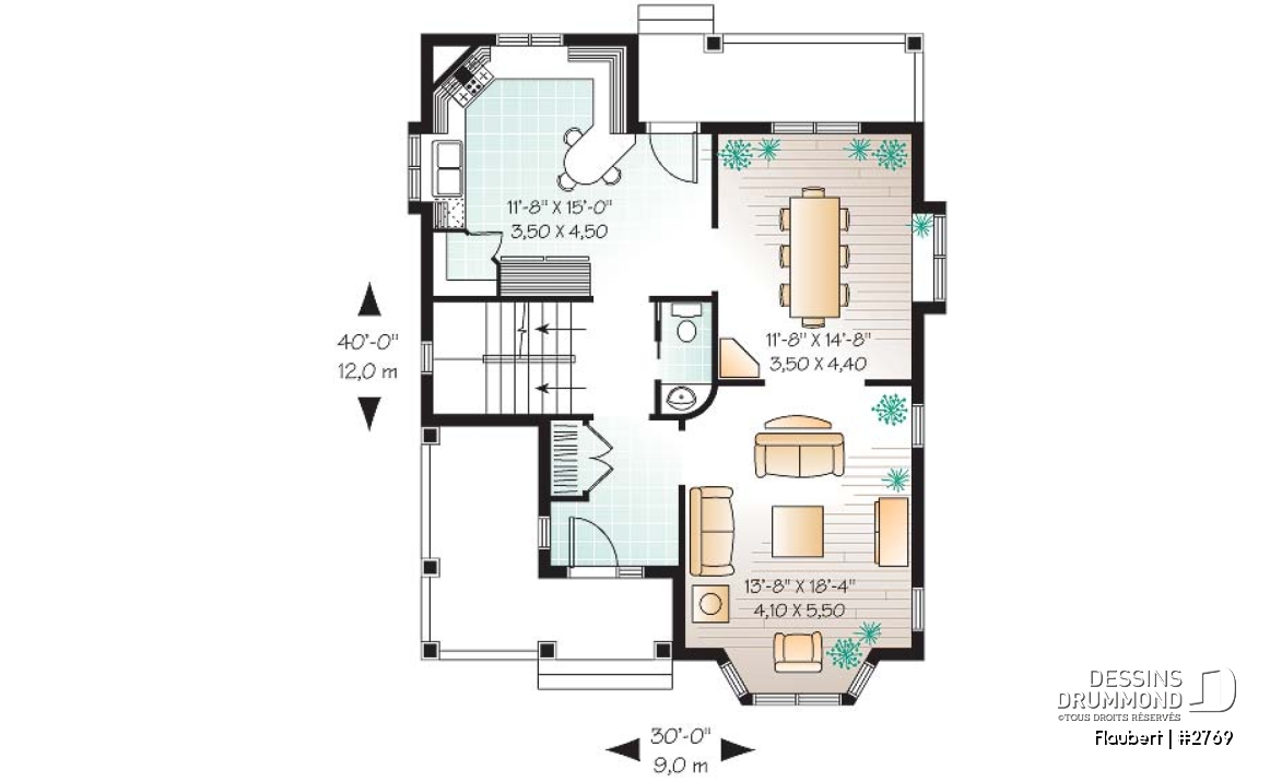 Rez-de-chaussée - Plan de maison d'inspiration Tudor, 3 chambres, cuisine avec garde-manger, salle de lavage à l'étage - Flaubert