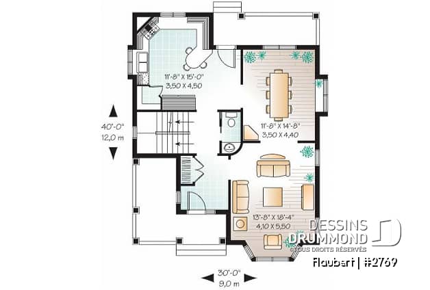Rez-de-chaussée - Plan de maison d'inspiration Tudor, 3 chambres, cuisine avec garde-manger, salle de lavage à l'étage - Flaubert