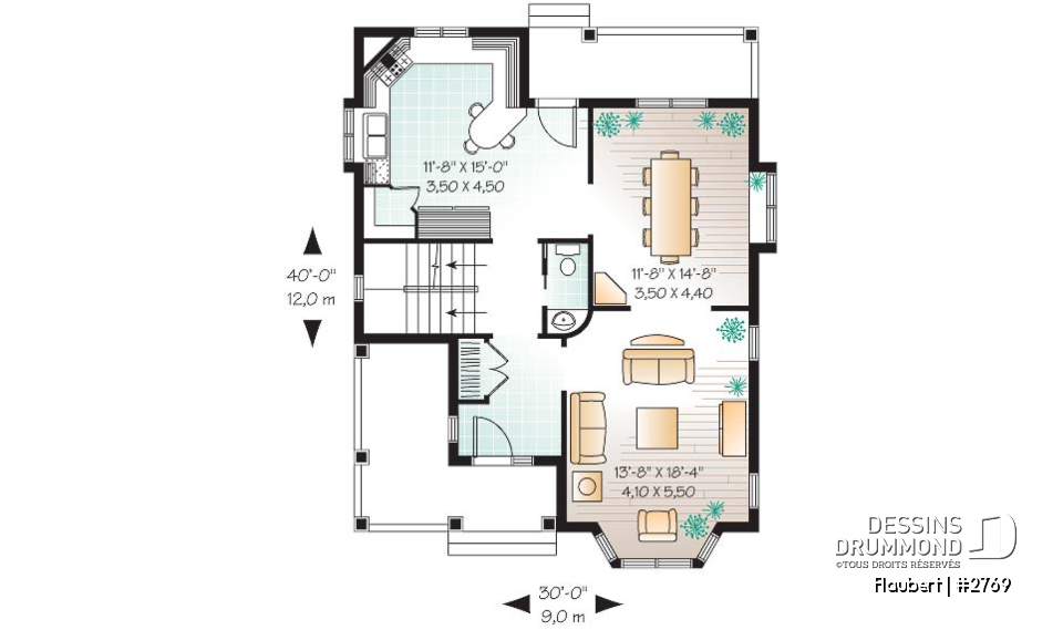 Rez-de-chaussée - Plan de maison d'inspiration Tudor, 3 chambres, cuisine avec garde-manger, salle de lavage à l'étage - Flaubert