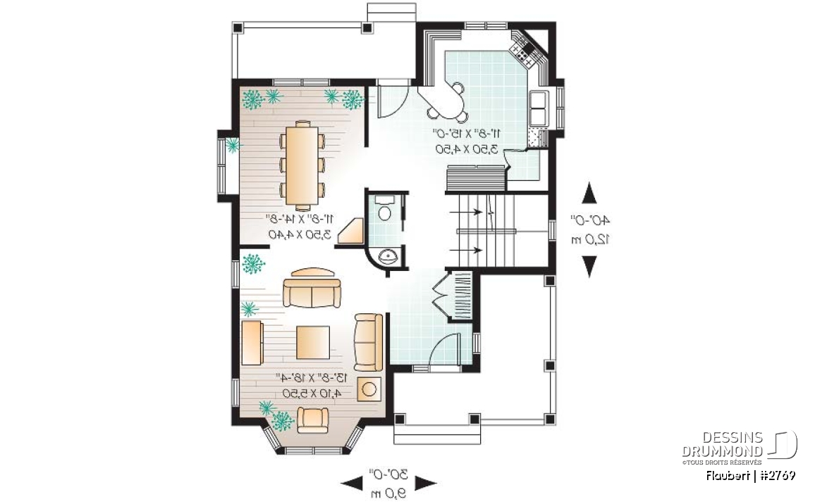 Rez-de-chaussée - Plan de maison d'inspiration Tudor, 3 chambres, cuisine avec garde-manger, salle de lavage à l'étage - Flaubert