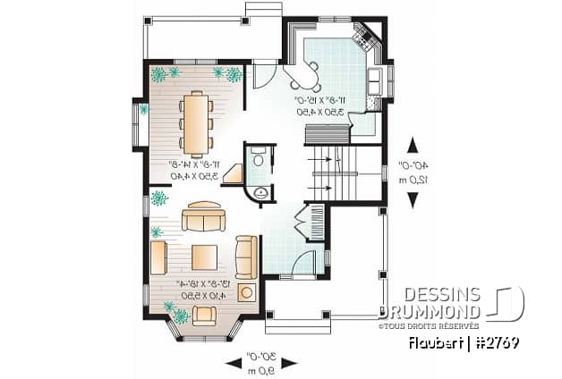 Rez-de-chaussée - Plan de maison d'inspiration Tudor, 3 chambres, cuisine avec garde-manger, salle de lavage à l'étage - Flaubert