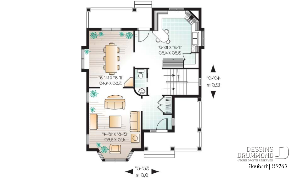 Rez-de-chaussée - Plan de maison d'inspiration Tudor, 3 chambres, cuisine avec garde-manger, salle de lavage à l'étage - Flaubert