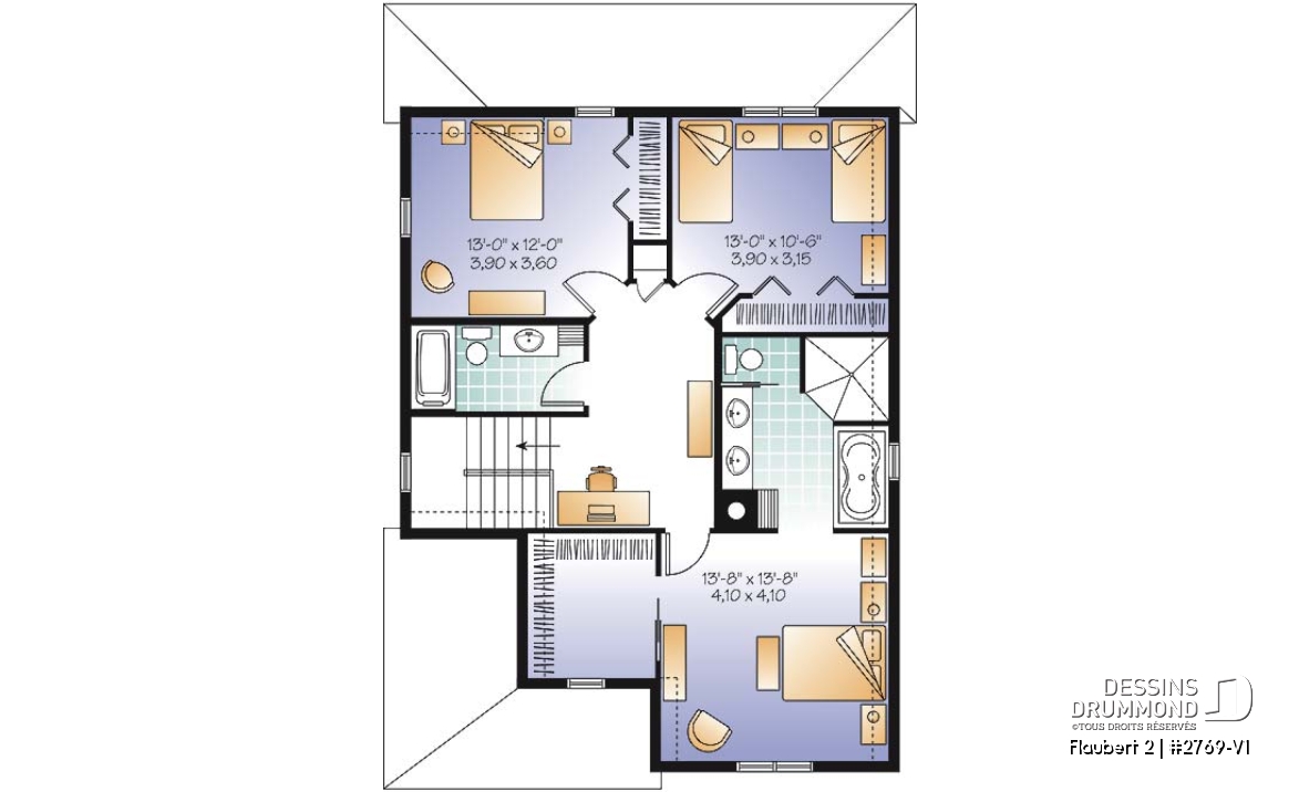 Étage - Plan de maison d'inspiration Tudor, 3 chambres, bureau, 2.5 salle de bain, suite des maîtres à l'étage - Flaubert 2