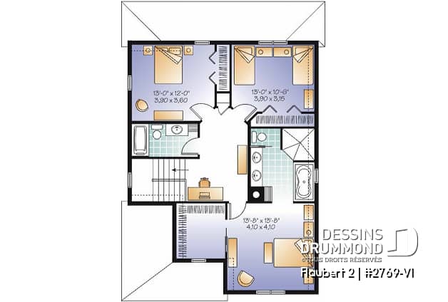 Étage - Plan de maison d'inspiration Tudor, 3 chambres, bureau, 2.5 salle de bain, suite des maîtres à l'étage - Flaubert 2