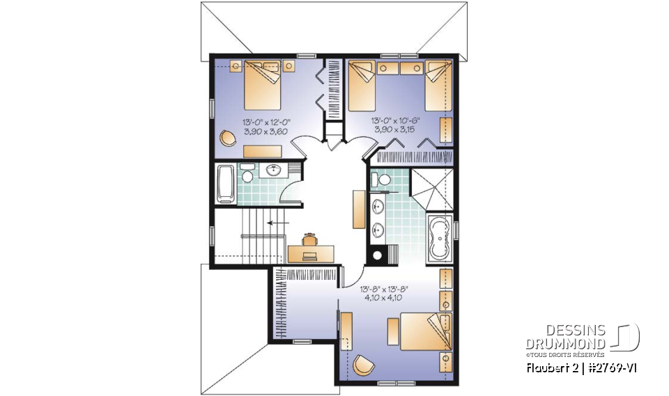 Étage - Plan de maison d'inspiration Tudor, 3 chambres, bureau, 2.5 salle de bain, suite des maîtres à l'étage - Flaubert 2