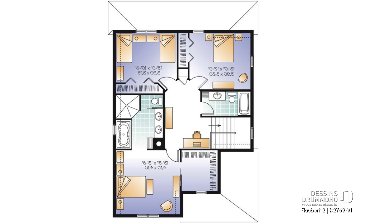 Étage - Plan de maison d'inspiration Tudor, 3 chambres, bureau, 2.5 salle de bain, suite des maîtres à l'étage - Flaubert 2