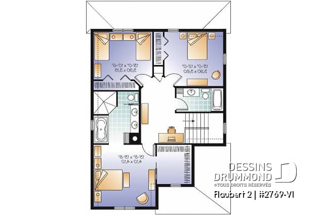 Étage - Plan de maison d'inspiration Tudor, 3 chambres, bureau, 2.5 salle de bain, suite des maîtres à l'étage - Flaubert 2
