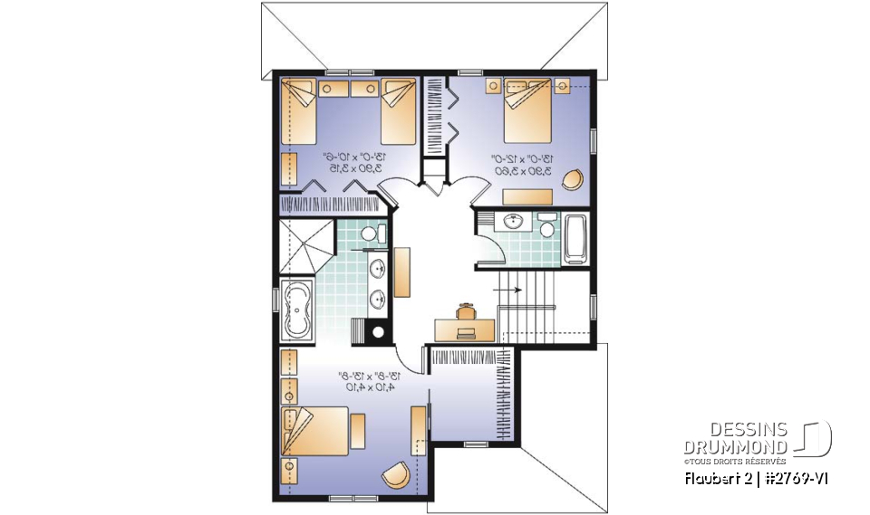 Étage - Plan de maison d'inspiration Tudor, 3 chambres, bureau, 2.5 salle de bain, suite des maîtres à l'étage - Flaubert 2