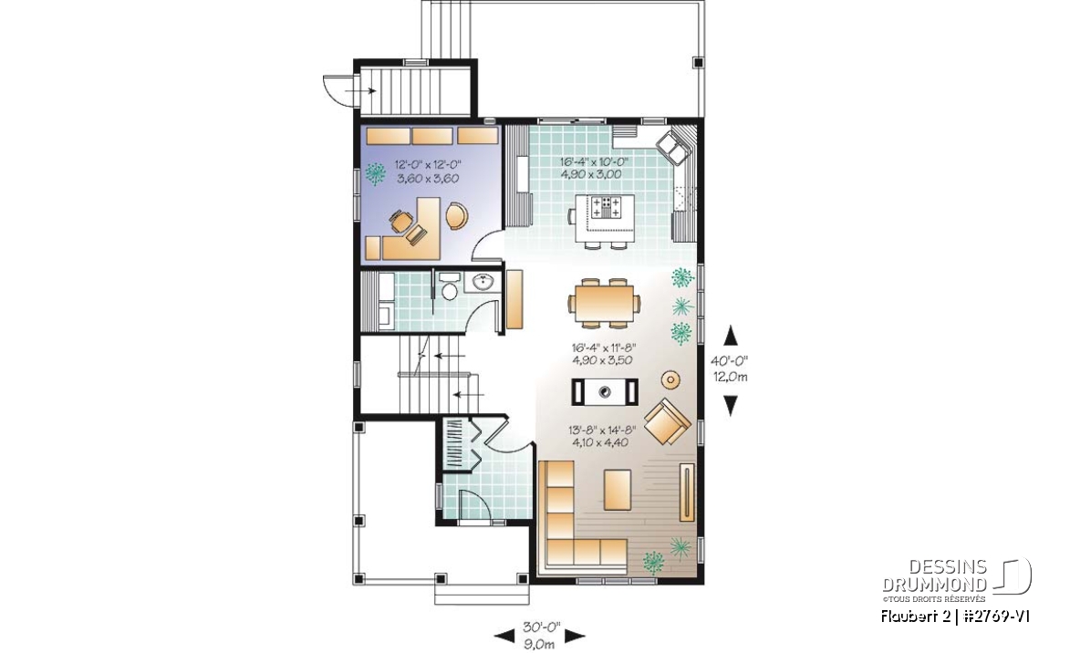 Rez-de-chaussée - Plan de maison d'inspiration Tudor, 3 chambres, bureau, 2.5 salle de bain, suite des maîtres à l'étage - Flaubert 2