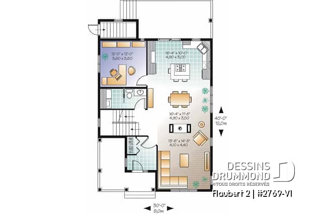 Rez-de-chaussée - Plan de maison d'inspiration Tudor, 3 chambres, bureau, 2.5 salle de bain, suite des maîtres à l'étage - Flaubert 2