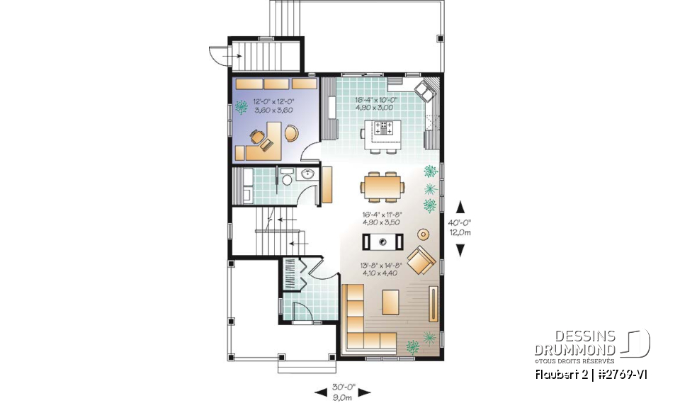 Rez-de-chaussée - Plan de maison d'inspiration Tudor, 3 chambres, bureau, 2.5 salle de bain, suite des maîtres à l'étage - Flaubert 2