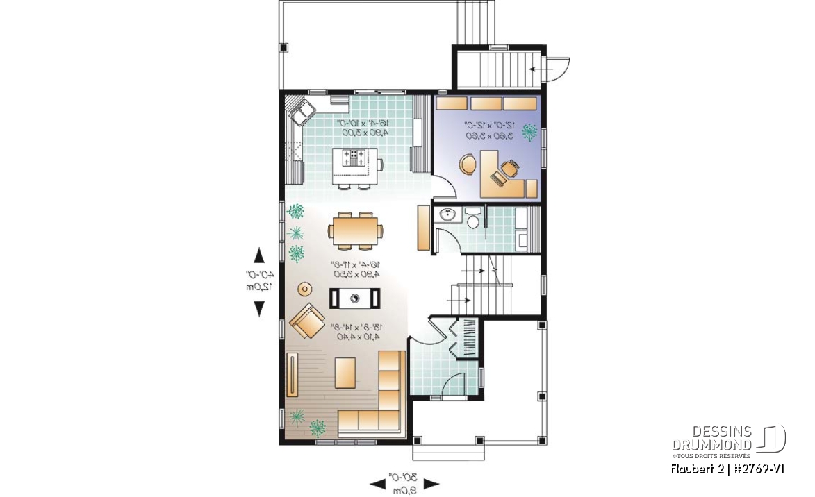Rez-de-chaussée - Plan de maison d'inspiration Tudor, 3 chambres, bureau, 2.5 salle de bain, suite des maîtres à l'étage - Flaubert 2
