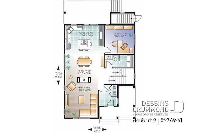 Rez-de-chaussée - Plan de maison d'inspiration Tudor, 3 chambres, bureau, 2.5 salle de bain, suite des maîtres à l'étage - Flaubert 2