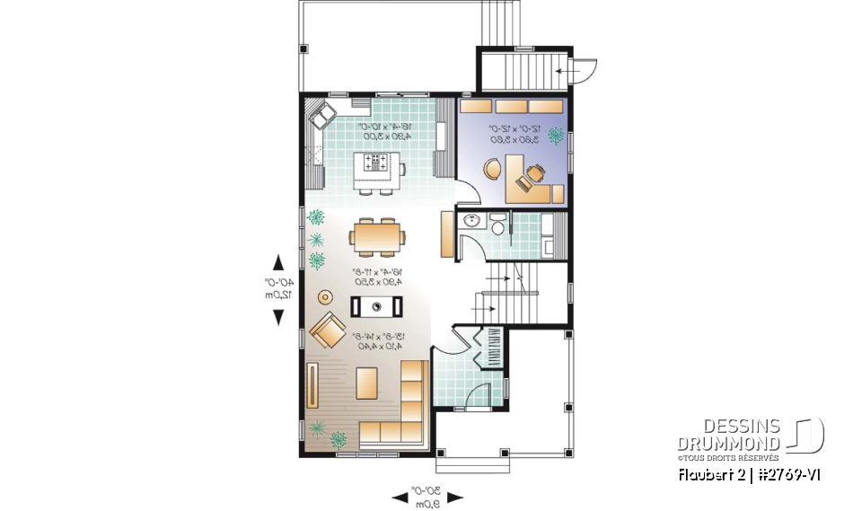Rez-de-chaussée - Plan de maison d'inspiration Tudor, 3 chambres, bureau, 2.5 salle de bain, suite des maîtres à l'étage - Flaubert 2