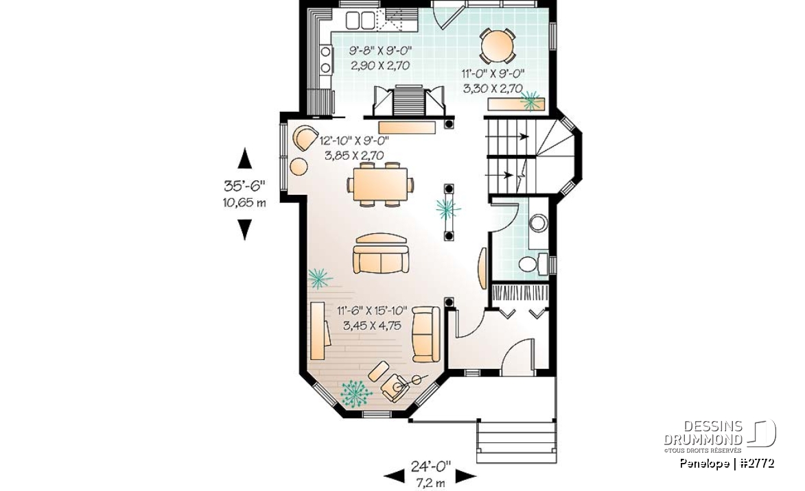 Rez-de-chaussée - Plan de maison dinspiration victorienne, 3 chambres, cuisine fort logeable avec coin déjeuner, belle entrée - Penelope
