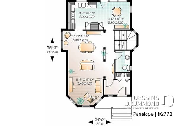Rez-de-chaussée - Plan de maison dinspiration victorienne, 3 chambres, cuisine fort logeable avec coin déjeuner, belle entrée - Penelope