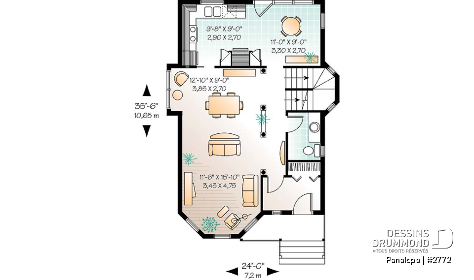 Rez-de-chaussée - Plan de maison dinspiration victorienne, 3 chambres, cuisine fort logeable avec coin déjeuner, belle entrée - Penelope