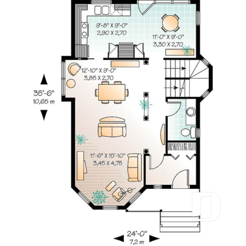 Rez-de-chaussée - Plan de maison dinspiration victorienne, 3 chambres, cuisine fort logeable avec coin déjeuner, belle entrée - Penelope