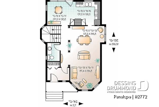 Rez-de-chaussée - Plan de maison dinspiration victorienne, 3 chambres, cuisine fort logeable avec coin déjeuner, belle entrée - Penelope