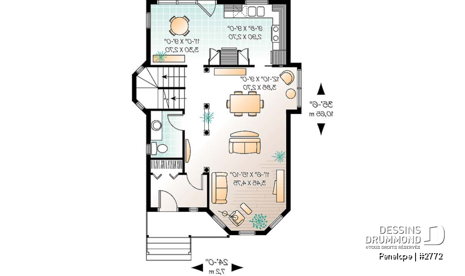Rez-de-chaussée - Plan de maison dinspiration victorienne, 3 chambres, cuisine fort logeable avec coin déjeuner, belle entrée - Penelope