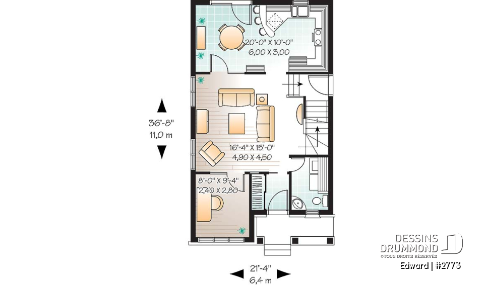 Rez-de-chaussée - Maison économique pour terrain étroit, 3 chambre, bureau attrayant, vestibule  - Edward