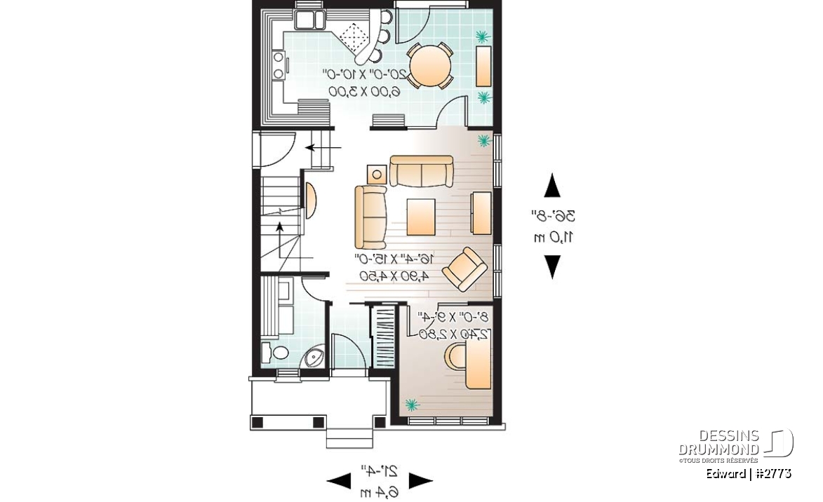 Rez-de-chaussée - Maison économique pour terrain étroit, 3 chambre, bureau attrayant, vestibule  - Edward