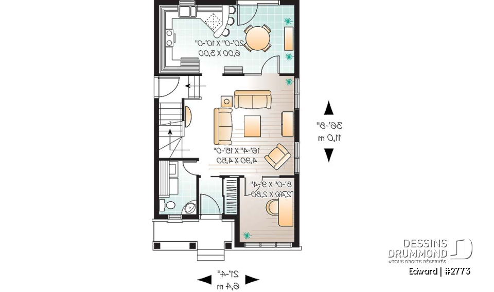 Rez-de-chaussée - Maison économique pour terrain étroit, 3 chambre, bureau attrayant, vestibule  - Edward