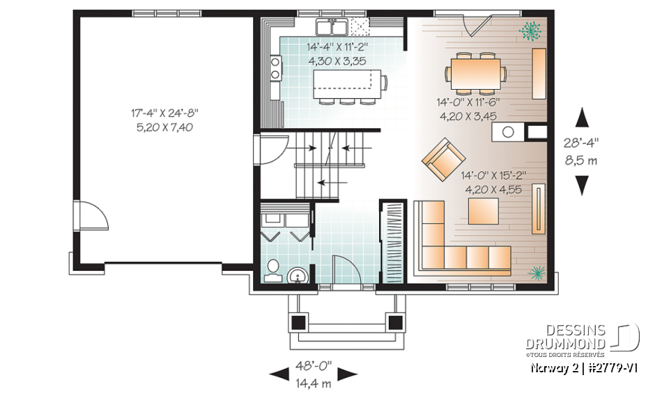 Rez-de-chaussée - Plan de maison à étage de style Craftsman, 3 chambres, garage, grand ìlot à la cuisine - Norway 2