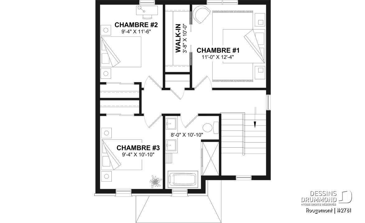 Étage - Plan de maison à étage style cottage anglais avec sous-sol optionnel au Québec. - Rougemont