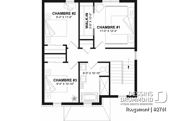 Étage - Plan de maison à étage style cottage anglais avec sous-sol optionnel au Québec. - Rougemont