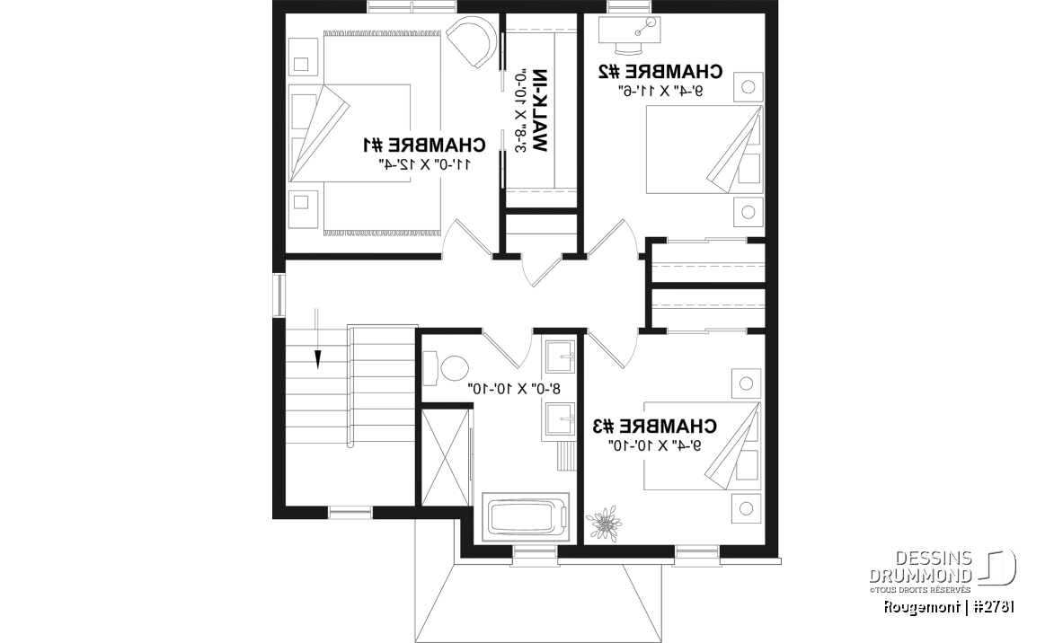 Étage - Plan de maison à étage style cottage anglais avec sous-sol optionnel au Québec. - Rougemont