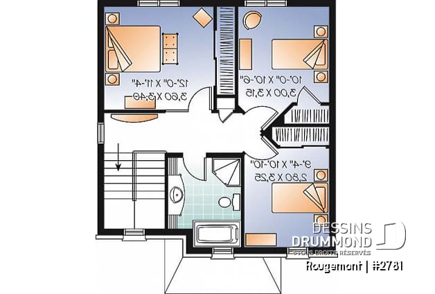 Étage - Plan de maison abordable de 3 chambres, cuisine avec îlot et vestibule - Rougemont