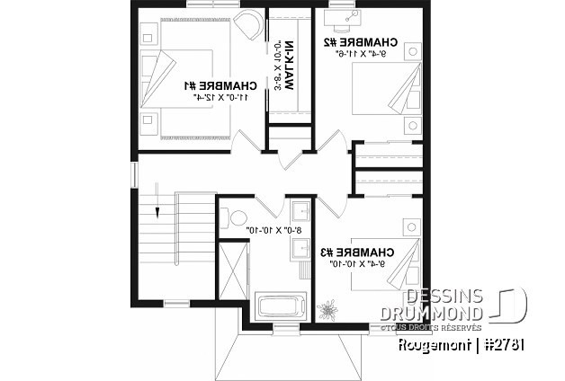Étage - Plan de maison à étage style cottage anglais avec sous-sol optionnel au Québec. - Rougemont