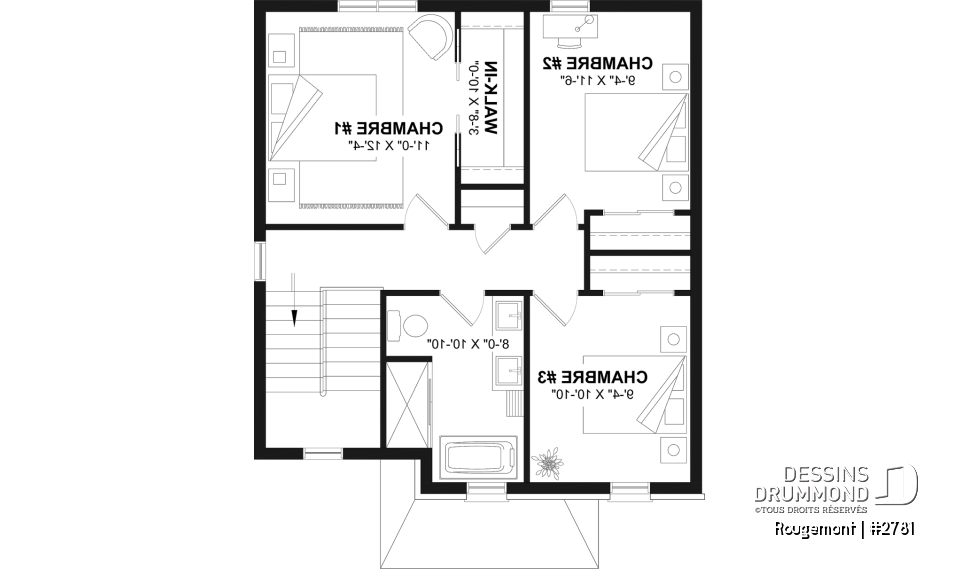 Étage - Plan de maison à étage style cottage anglais avec sous-sol optionnel au Québec. - Rougemont