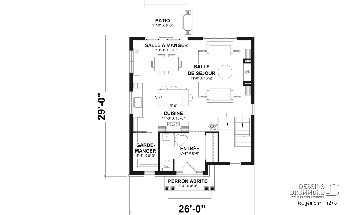 Rez-de-chaussée - Plan de maison à étage style cottage anglais avec sous-sol optionnel au Québec. - Rougemont