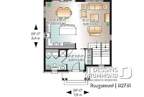 Rez-de-chaussée - Plan de maison abordable de 3 chambres, cuisine avec îlot et vestibule - Rougemont