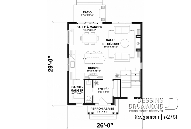 Rez-de-chaussée - Plan de maison à étage style cottage anglais avec sous-sol optionnel au Québec. - Rougemont