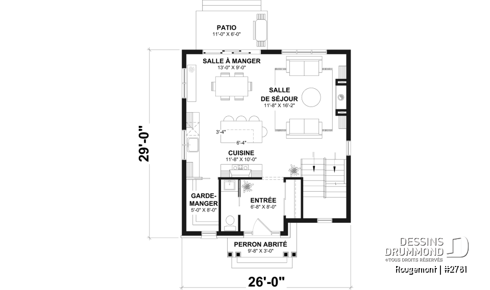 Rez-de-chaussée - Plan de maison à étage style cottage anglais avec sous-sol optionnel au Québec. - Rougemont